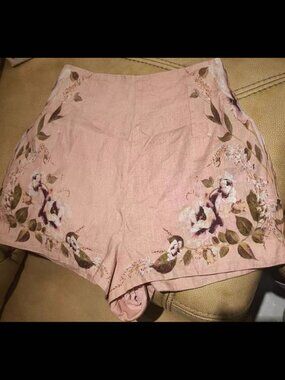 Zimmermann Floral Linen Shorts Pink High Waist Size 1